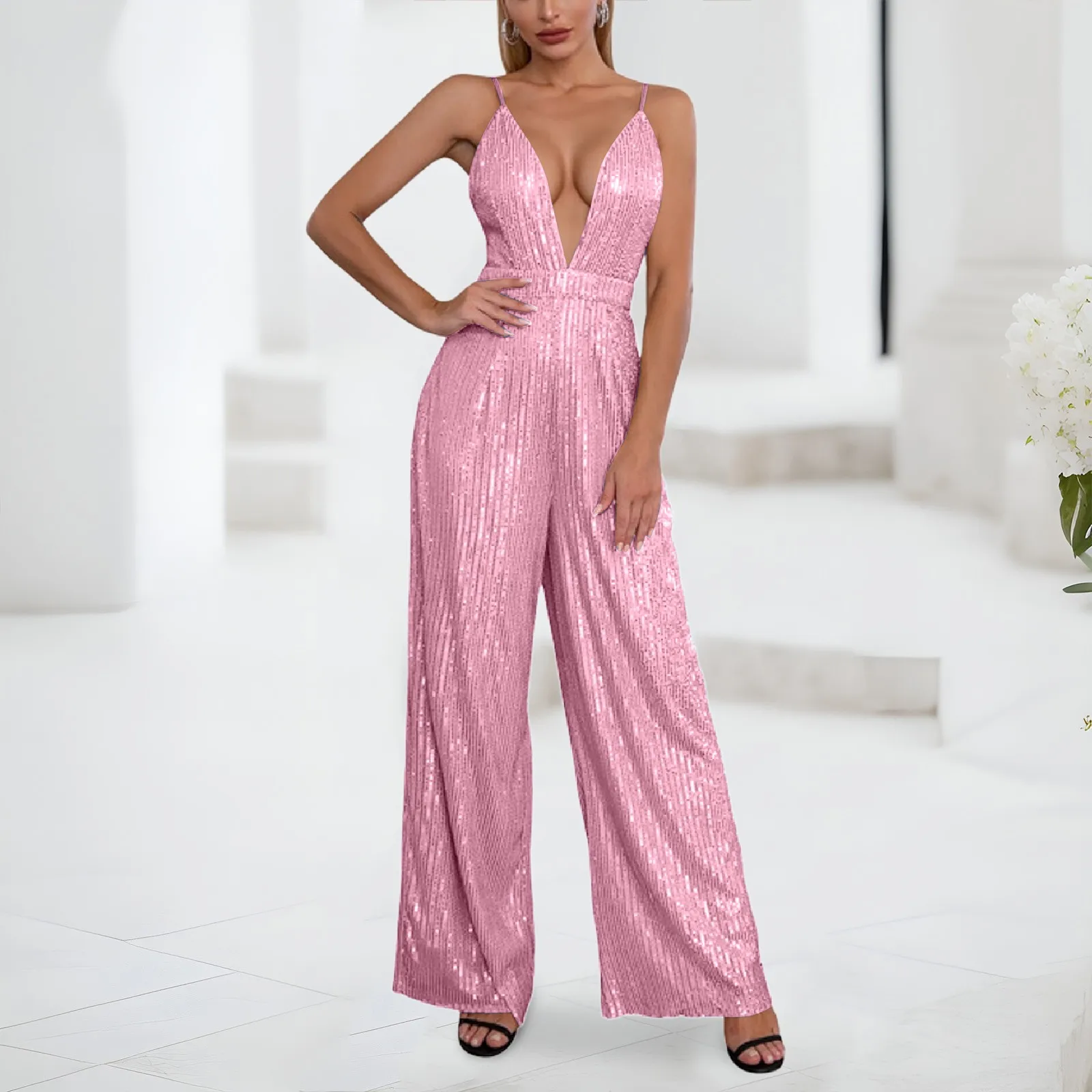 

2024 New European And American Ladies Jumpsuit Sexy Deep V Neck Sleeveless Suspenders Sequined Wide Leg Trousers For Women