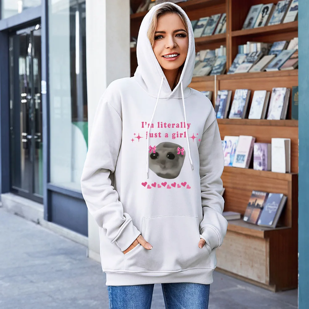 I'm Literally Just A Girl Hoodies Kawaii Cartoon Sad Hamster Sweatshirts Long Sleeve Women Men Hooded Pullovers Sudaderas Casual