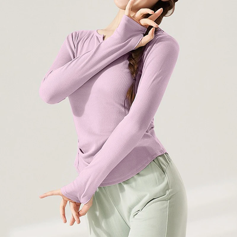 Aiithuug V-Neck Curve Hem Yoga Tops Women's Slim Fit Side Ruched Tops Breathable Elastic Long Sleeve Dancing Pilates Sportswear