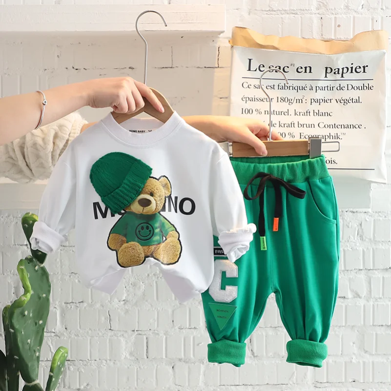 Ropa de bebé, traje de oso para niños y niñas, pantalones de manga larga con letras, conjuntos de ropa deportiva simples de ocio de dos piezas