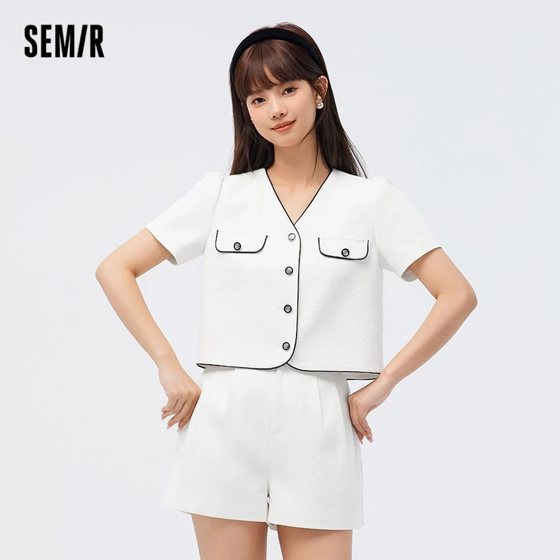 Semir Set Women Bubble Sleeve Short V-Neck sweater High Waist Shorts 2023 Summer New Two Piece Set Temperament