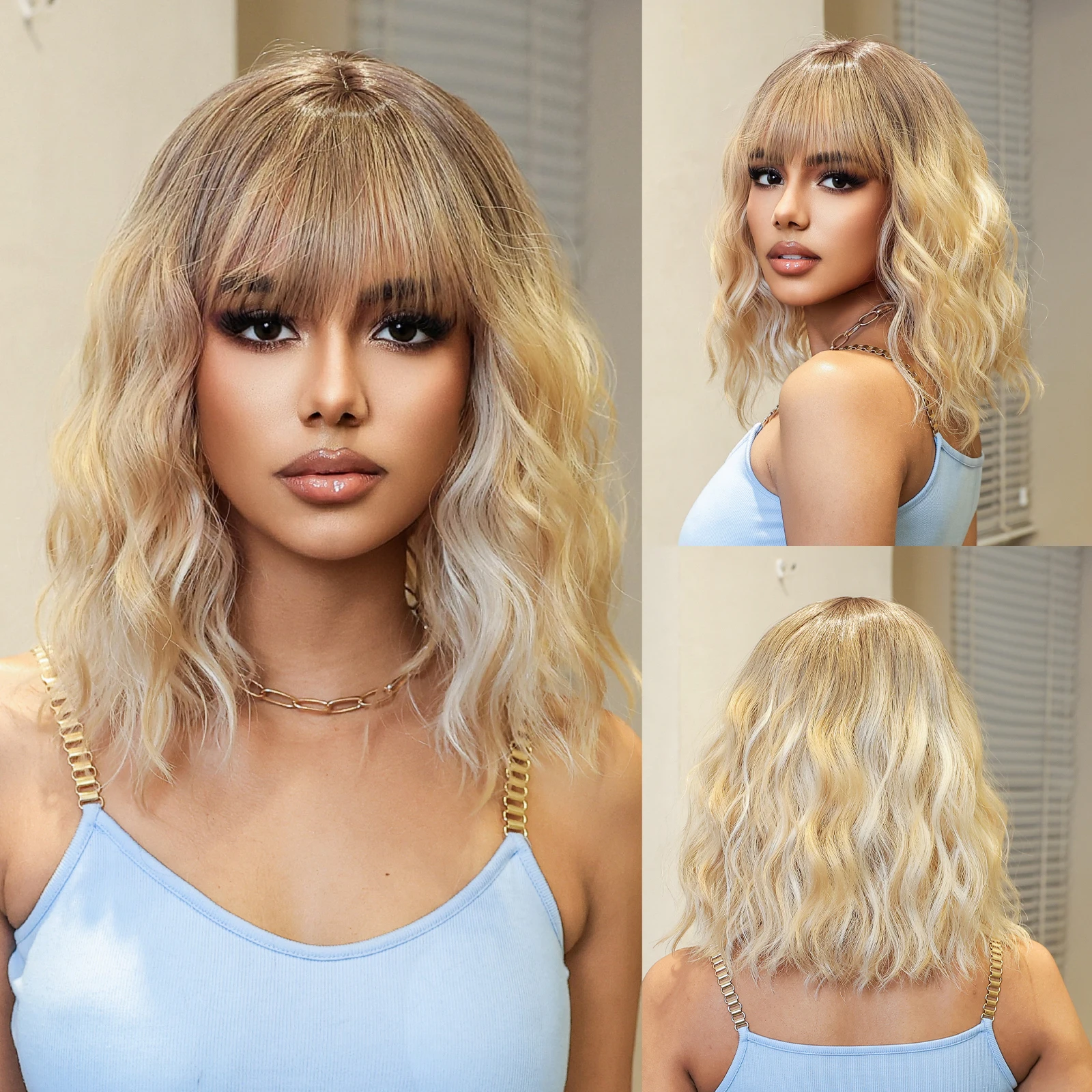 Ombre Blone Golden Bob Curly Synthetic Wigs Dark Root Short Water Wave Hair Wigs with Fluffy Bangs for Women Use Heat Resistant