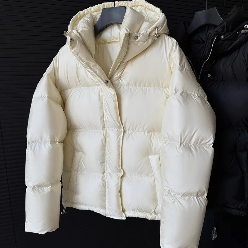 Vermelho 90 branco pato para baixo jaqueta feminina curto solto engrossar pão jaqueta feminina brilhante com capuz para baixo casaco 2025 inverno novo estilo