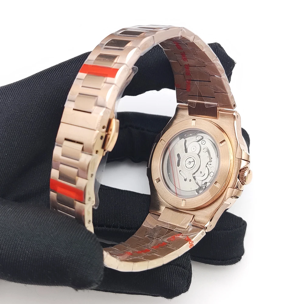 ساعة فاخرة باللون الذهبي الوردي 40 ملم مربعة NH38 حركة ميكانيكية أوتوماتيكية للرجال تاريخ كريستال الياقوت حزام من الفولاذ المقاوم للصدأ #6