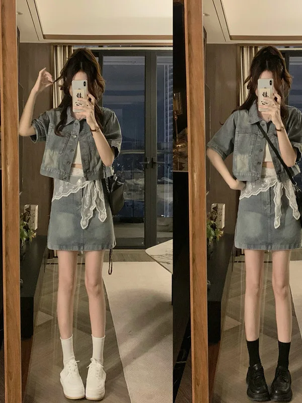 

Комплект из джинсовой ткани в ретро-стиле Гонконга для женщин больших размеров: летняя куртка с коротким рукавом и юбка с высокой талией, комплект из двух предметов