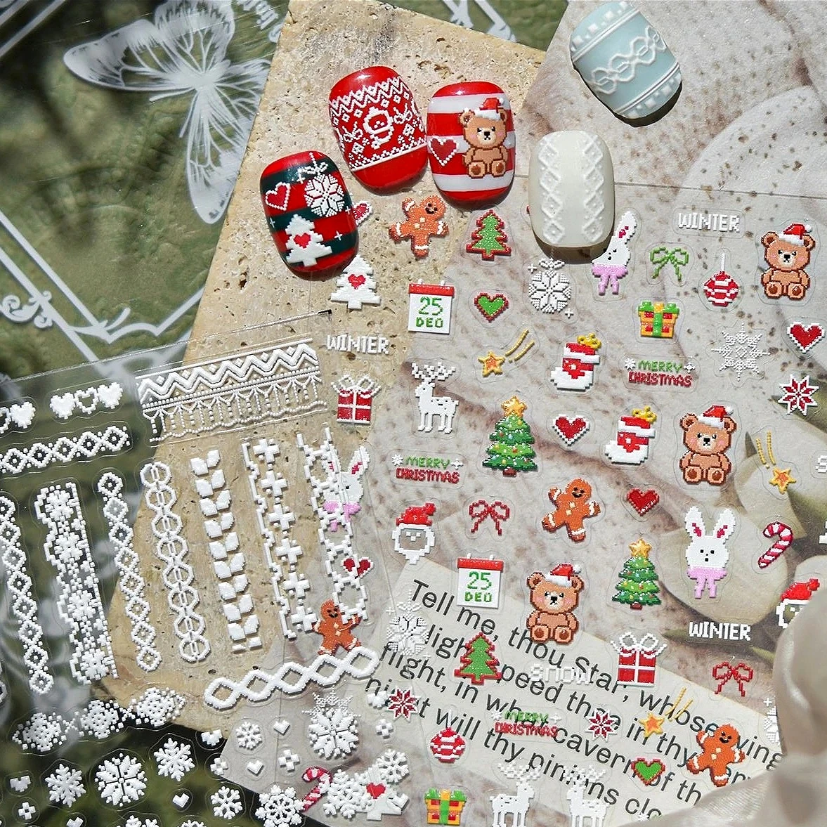 Christmas Tree Bear Deer White Snowflakes Lace Heart Gingerbread Man Snowman Santa Claus Crystal Ball Nail Art Stickers Decals