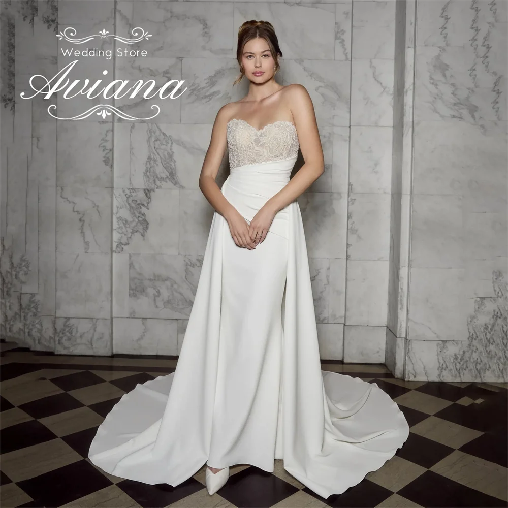 فستان زفاف Aviana مخصص حورية البحر على شكل قلب بدون حمالات سويب تراين دانتيل قابل للانفصال بدون أكمام ترتر طول الأرض بسيط
