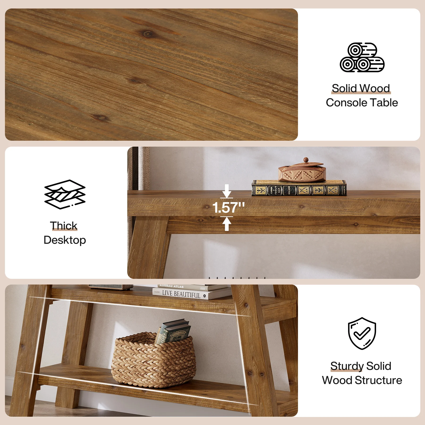 Solid Wood Console Table, 47.24" Farmhouse Narrow Entryway Table with 3-Tier Storage Shelves, Accent Sofa Table for Hallway, Foyer & Living Room (Retro Brown) view 8