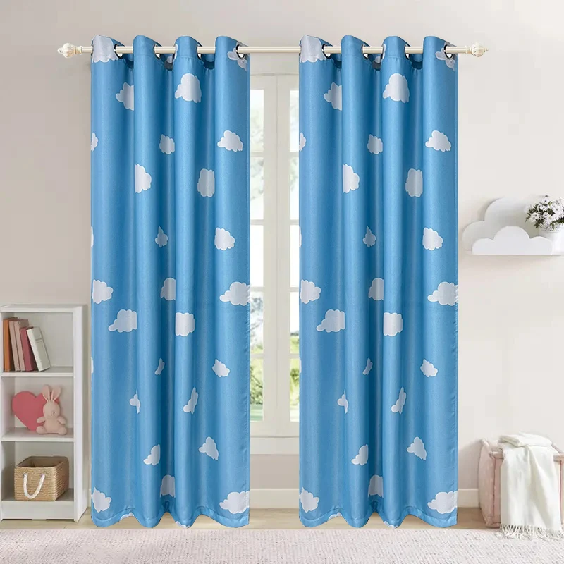 Cortinas azules de dibujos animados para dormitorio de niños, cortinas con estampado de nubes para sala de estar, guardería, cortinas de Panel de ventana semioblocantes