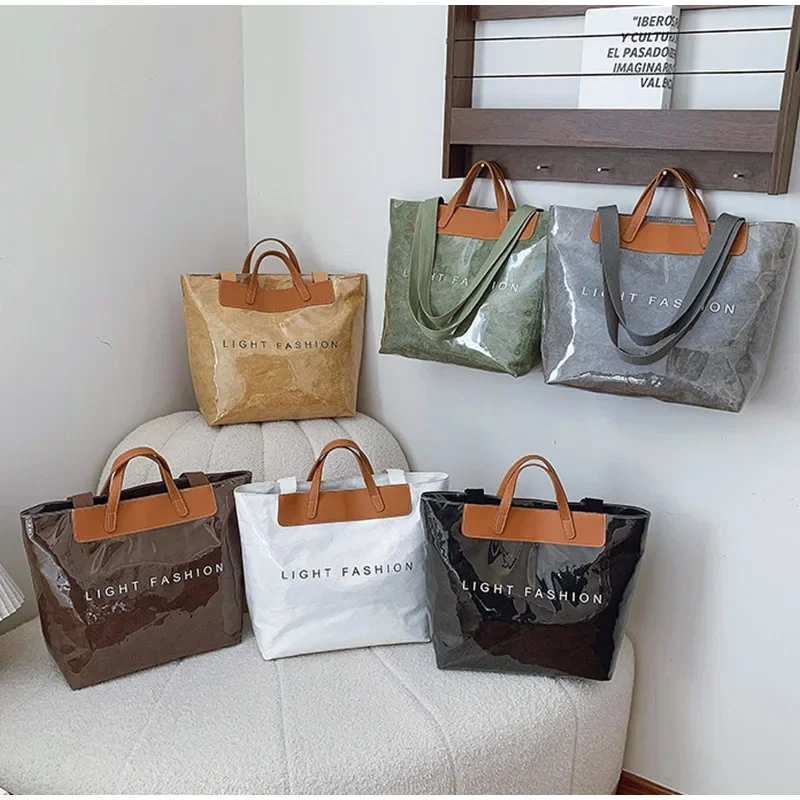 Klare Tragetasche aus PVC-Kraftpapier mit Farbkontrast, luxuriöse Vintage-Hobo-Umhängetasche, wasserdichte Shopper-Handtasche mit Buchstaben oben – Detail 1