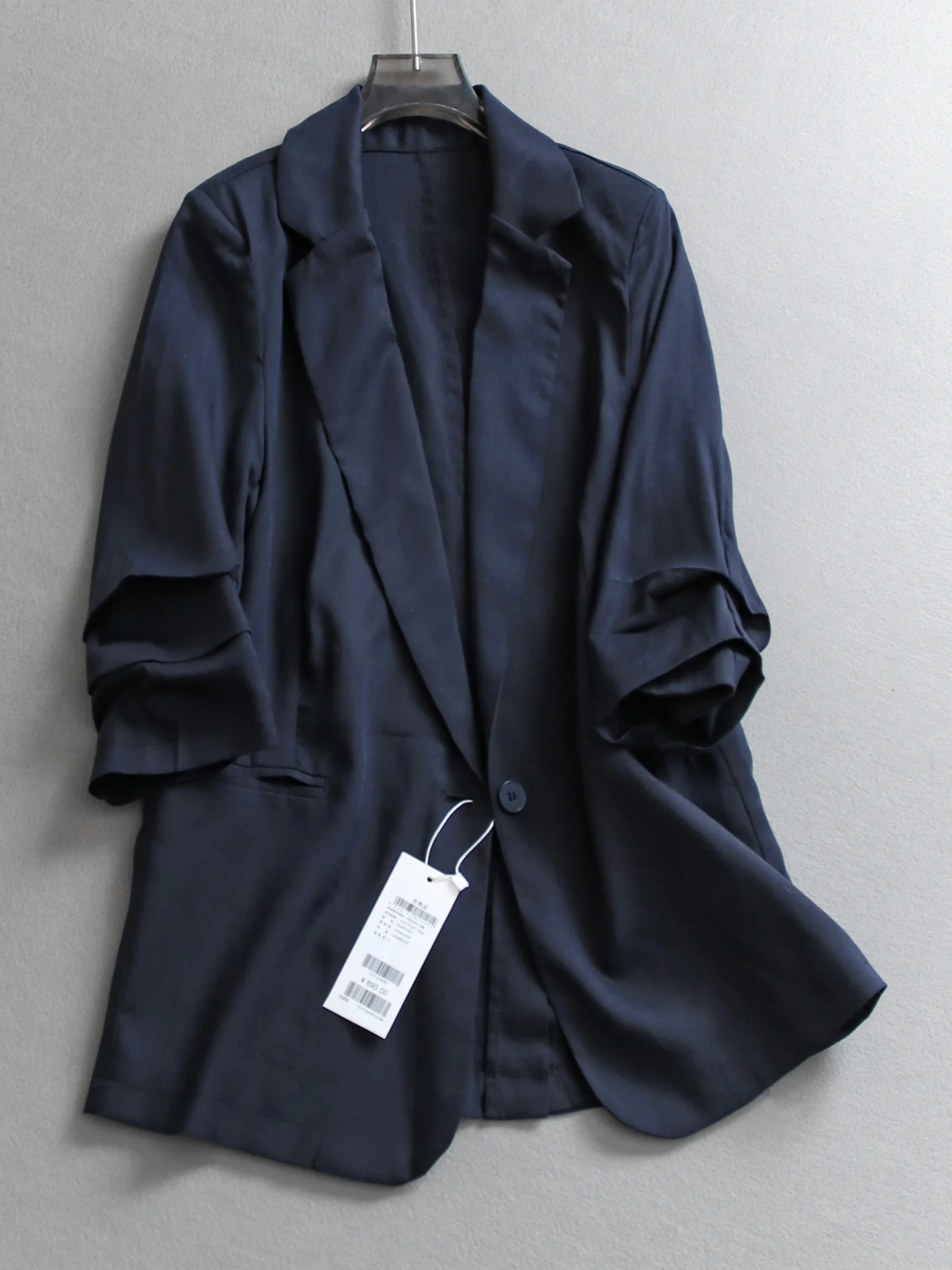 Linen Blend Thin Casual Style Women's Suit Coat Breathable Pleated Sleeve Pure Color Nine-Quarter Length Outerwear E224