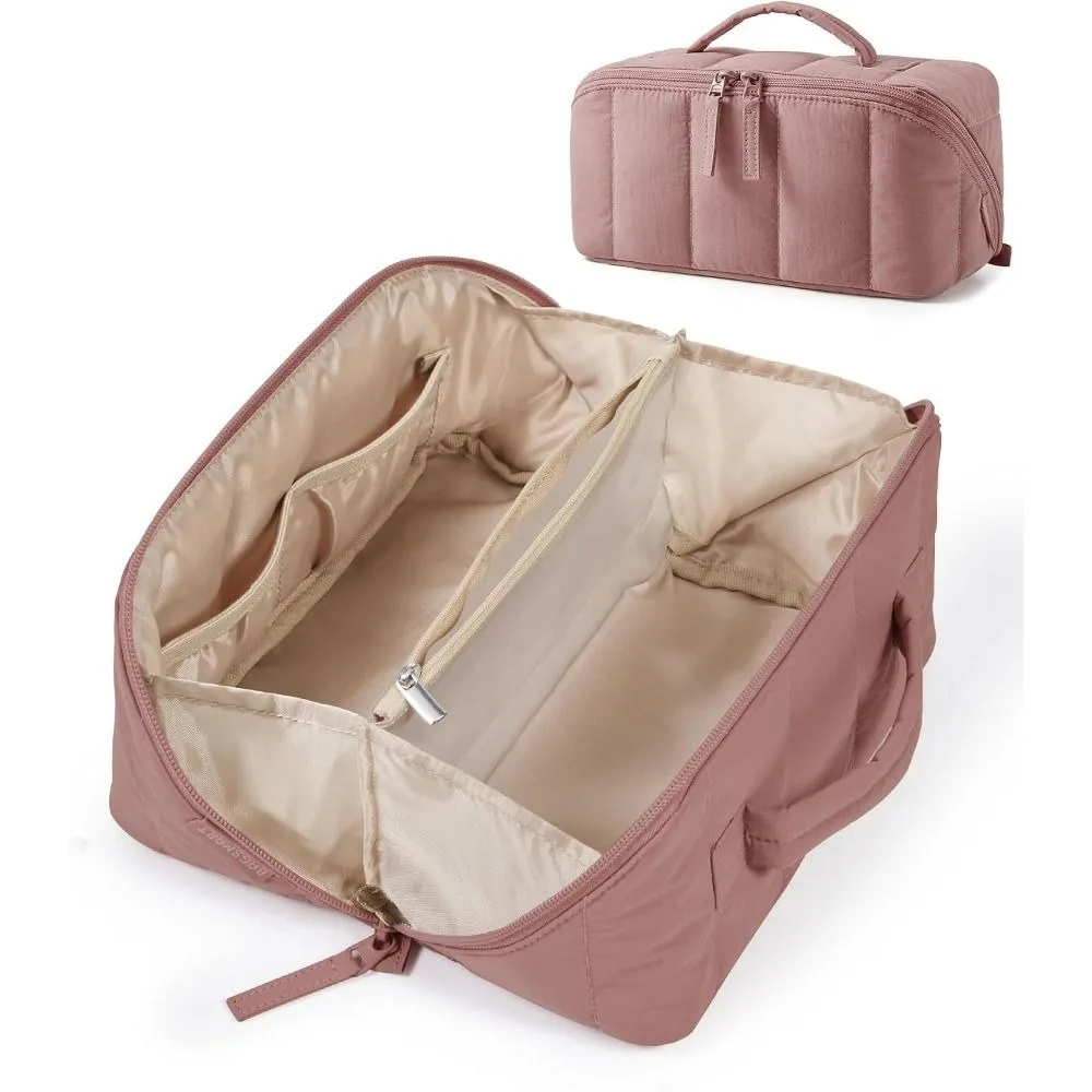 Portable Travel Makeup Bag Water-resistant Open Flat Cosmetic Case Puffy Padded Large Capacity Make Up Organizer Pouch for Women