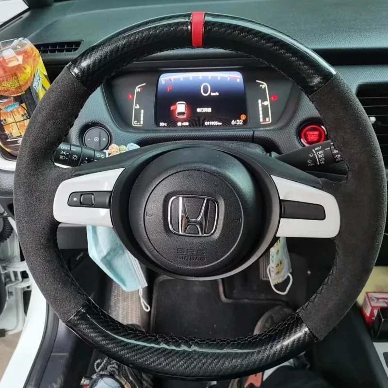 For Honda Fit 4th Gen Life Jazz 2021-2023 Hand Stitched Car Steering Wheel Cover Braid carbon fider Leather Fit accessory