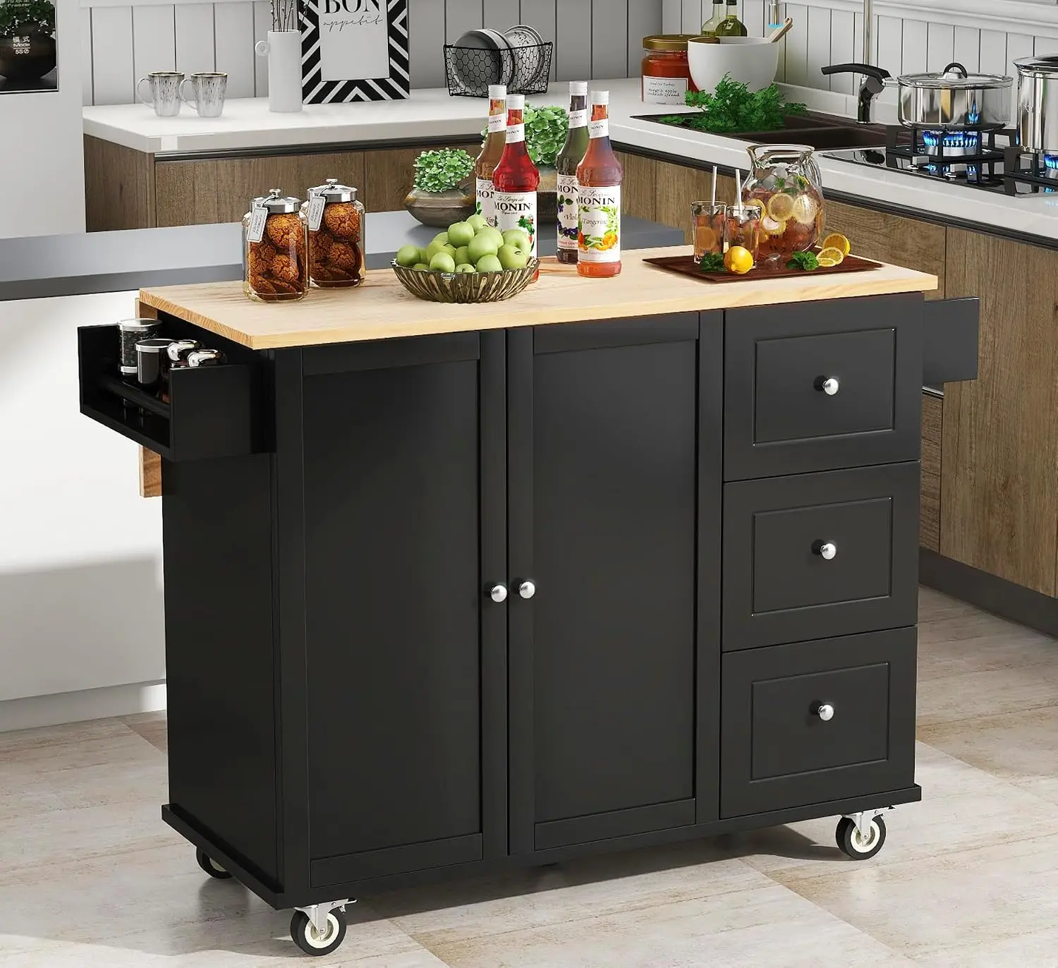 Mobile Kitchen Island Cart with Drop Leaf, Storage Cabinet, Drawers & Wheels for Dining Room, 45x18x36in, Customized