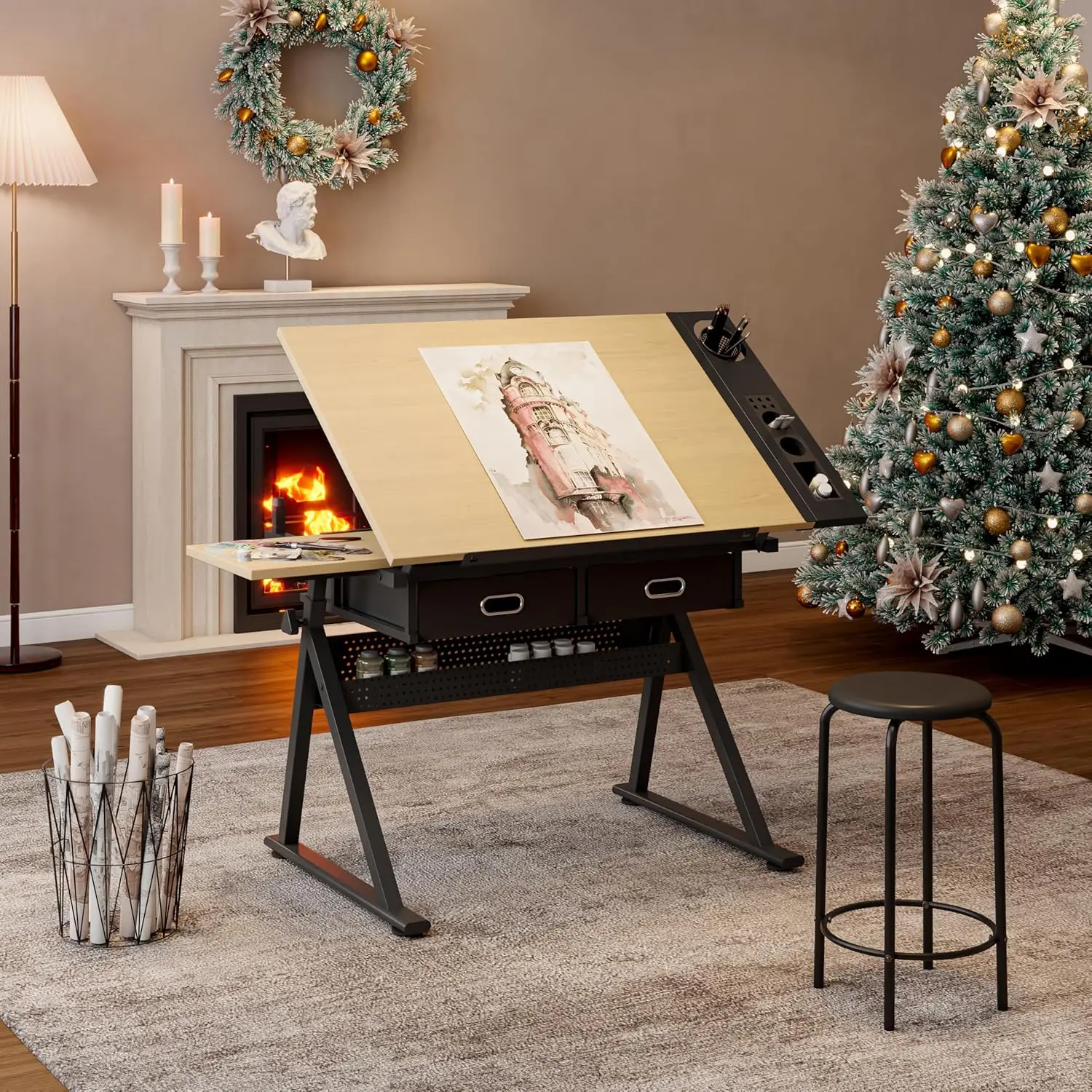 Adjustable Drawing Desk with Stool 2 Drawers Tiltable Drafting Table Height Adjustable Craft Desk Bottom Angle Legs, Customized