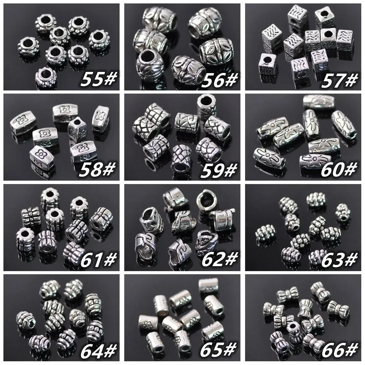 50 Buah Banyak Manik-manik Kerajinan Longgar Campuran Logam Warna Perak Tibet untuk Temuan Pembuatan Perhiasan Gelang Kalung Anting DIY