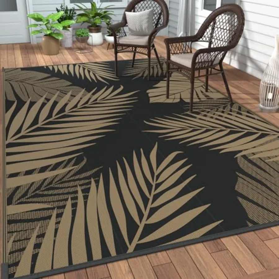 

Outdoor Rug 10' x 14' Waterproof for Patios, Reversible Plastic Straw Rug in BlackBrown, UV-Resistant Quick-Drying for RV, Camp