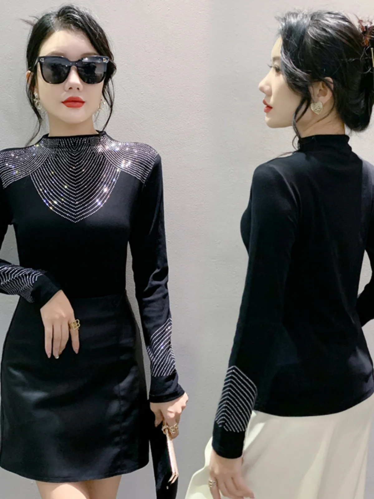 S-3XL Autumn New Cotton Black Top Women High Neck Long Sleeve Intimated Diamond T-shirt Slim Stretchy Trend Tees