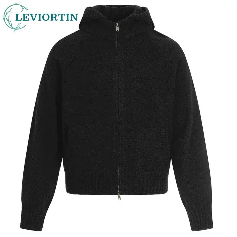 

Мужской осенне-зимний модный брендовый однотонный свободный вязаный свитер с двумя головками на молнии и высоким воротником, куртка-свитер с капюшоном