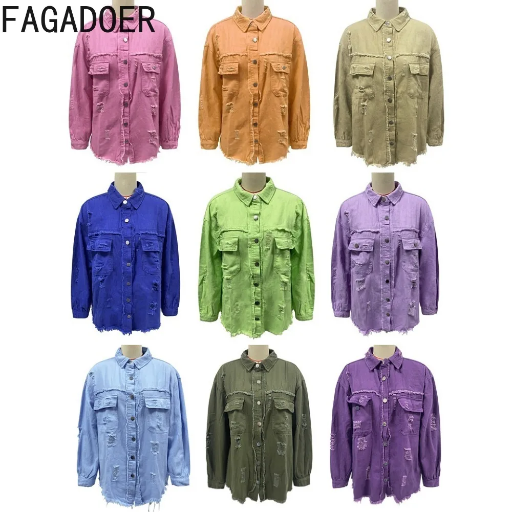 FAGADOER Fashion Hole Denim Shirts Women Turndown Collar Long Sleeve Pocket Loose Tops Casual Solid Color Button Coats 2024 New