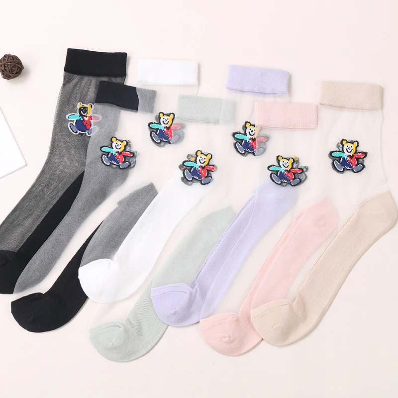 

DONG AI 1 Pairs Crystal Glass Silk Socks Bear Thin Socks Female Silk Women Transparent Korea Style Cartoon Socks Trend Harajuku