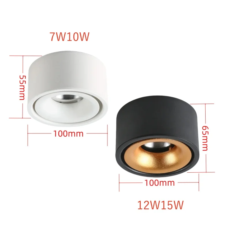 Runde dimmbare Downlight-Decken leuchte 7 w9w12w15w Cob-Scheinwerfer ac110/220v schwarz/weiß/gold oberflächen montierte Decken leuchte