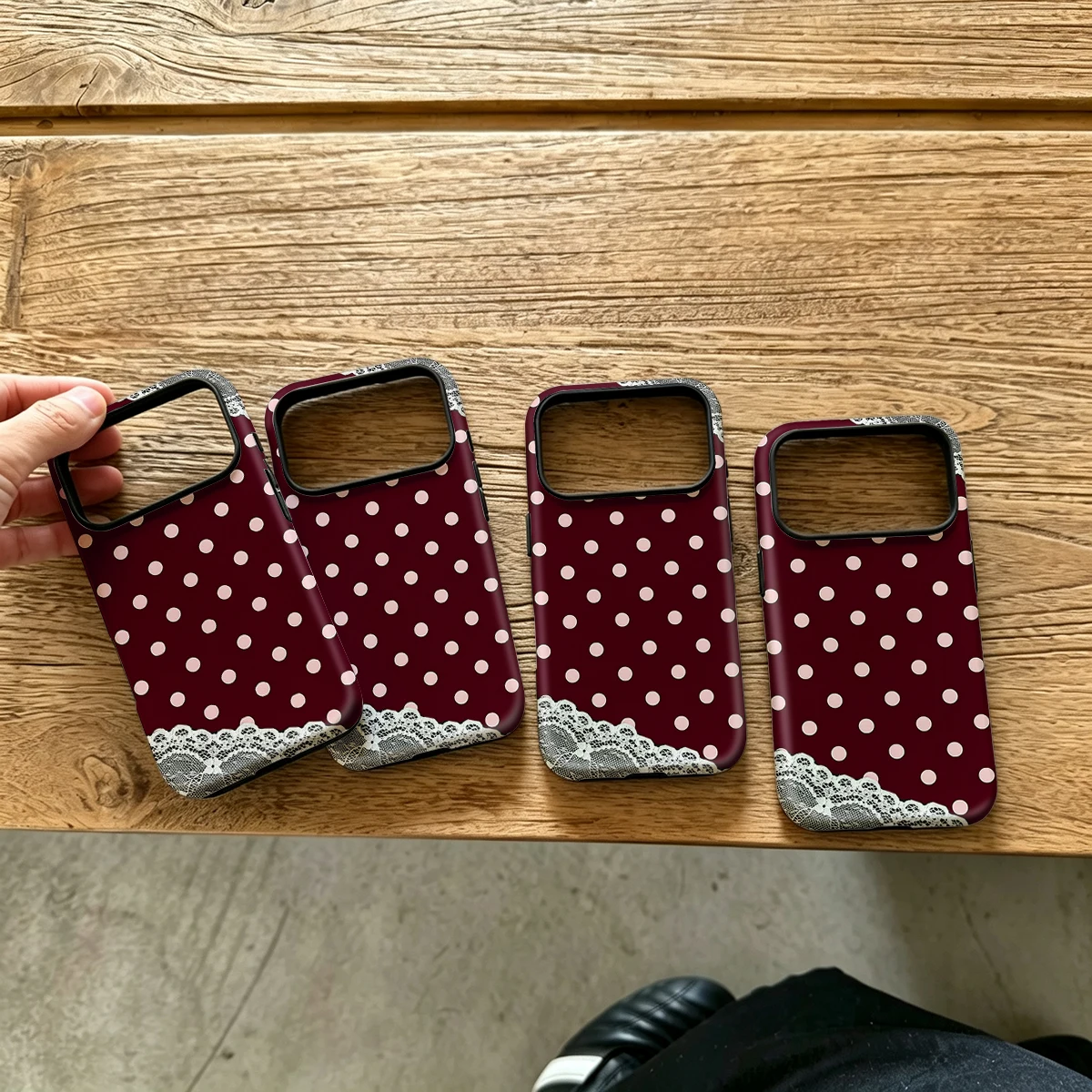 Burgundy Dots Lace Border Hard Shock-Absorption Phone Case For Samsung Galaxy S26 S25 Ultra S24 S23 Plus 2-in-1 Protective Cover