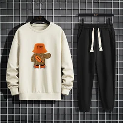 Spring and Autumn men's suit cartoon print round neck long sleeved loose sports shirt with casual sports pants two-piece set