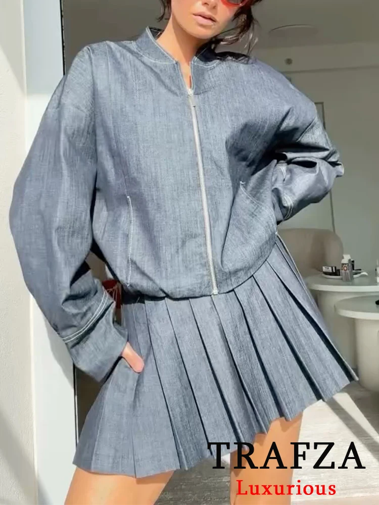 

TRAFZA Casual Chic Solid Women Suit Denim O-Neck Zipper Short Jacket Loose Straight Shorts Skirt Fashion 2025 Spring Summer Sets