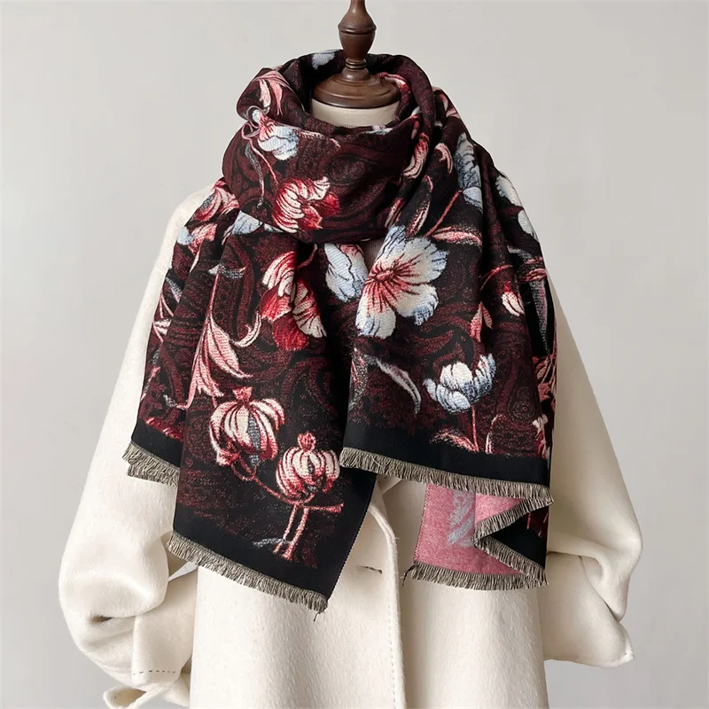 Fashion Luxury Oil Painting Style Women Winter Scarf Cashmere Floral Warm Shawl Pashmina Female Foulard Wrap HIjab Neckerchief