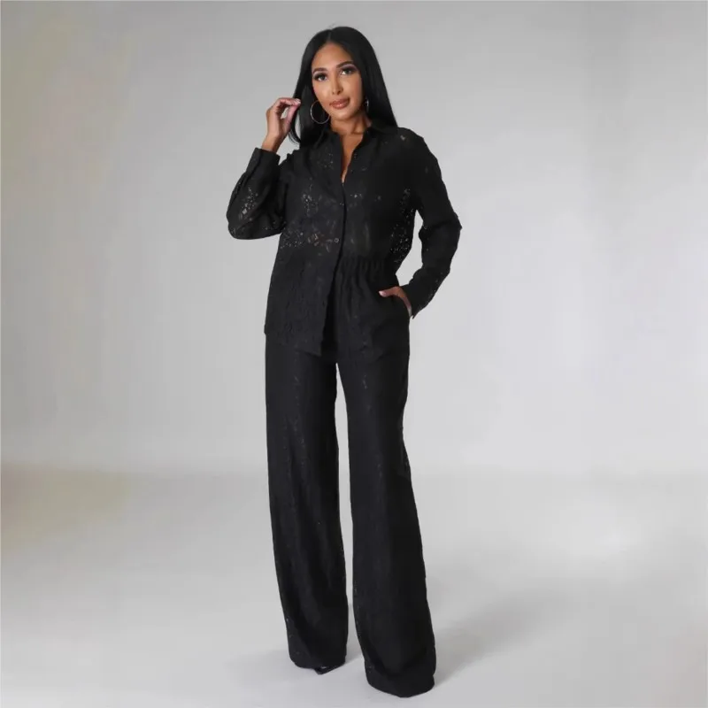 

New Autumn Winter Casual Commuting Women's Suit Sexy Micro-transparent Shirt Top Fashionable Solid Color Trousers Two-piece Set