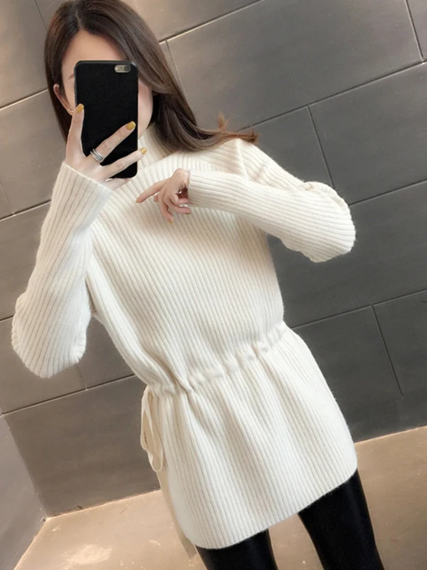 

Ladies Mid-Length Knitted Sweater Autumn Winter Fashion Loose Slimming Base Layer Top with Waist-Cinching Belt Korean Style