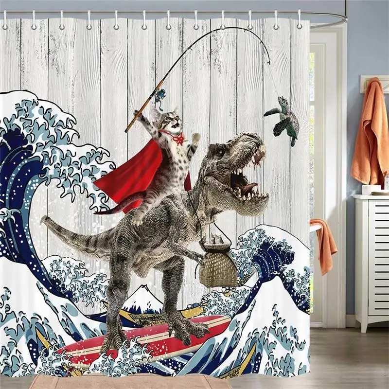 Funny Cat Dinosaur Shower Curtain Fishing Japanese Ocean Wave Rustic Wood Farmhouse Fabric Kids Bath Curtains for Bathroom Decor