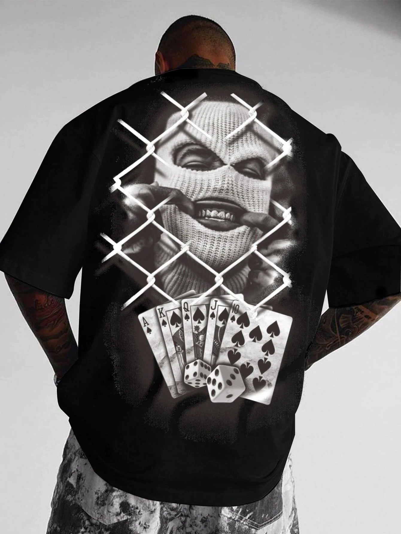 Street Skeleton Spades A Poker Card Printed T-shirt Visual Vortex Digital Printed Men's Loose Short Sleeve