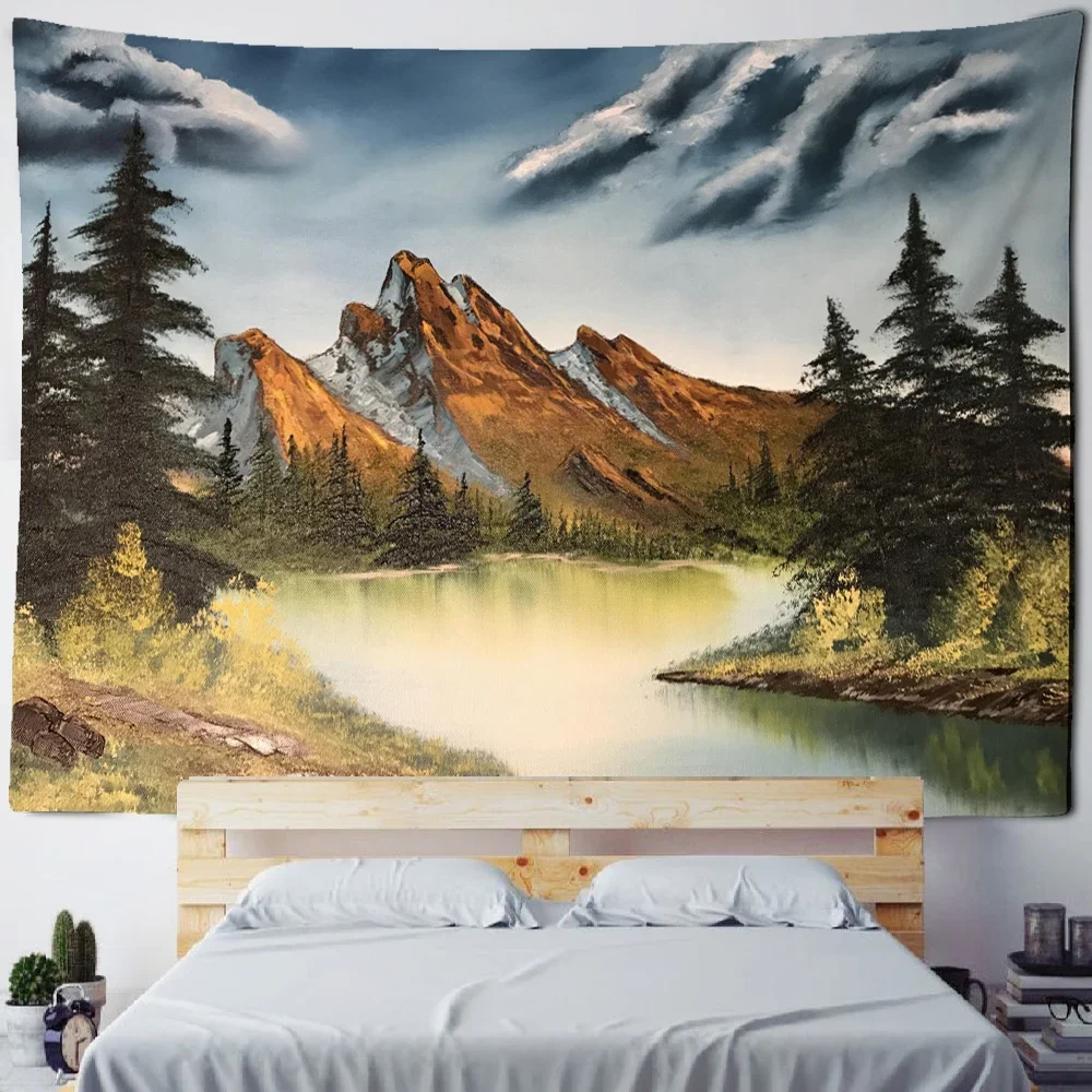Mountains And Rivers Landscape Oil Painting Tapestry Wall Hanging Natural Psychedelic Witchcraft Home Decor