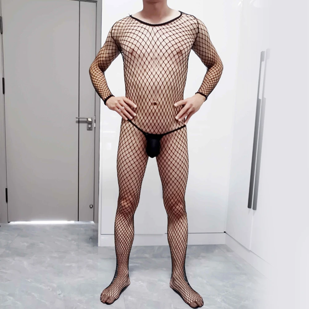 

Mens Open Crotch Body Stockings Bodysuit Mesh Sheer Jumpsuit Conjoined Stockings See Through Underwears Bodycon Erotic Lingerie