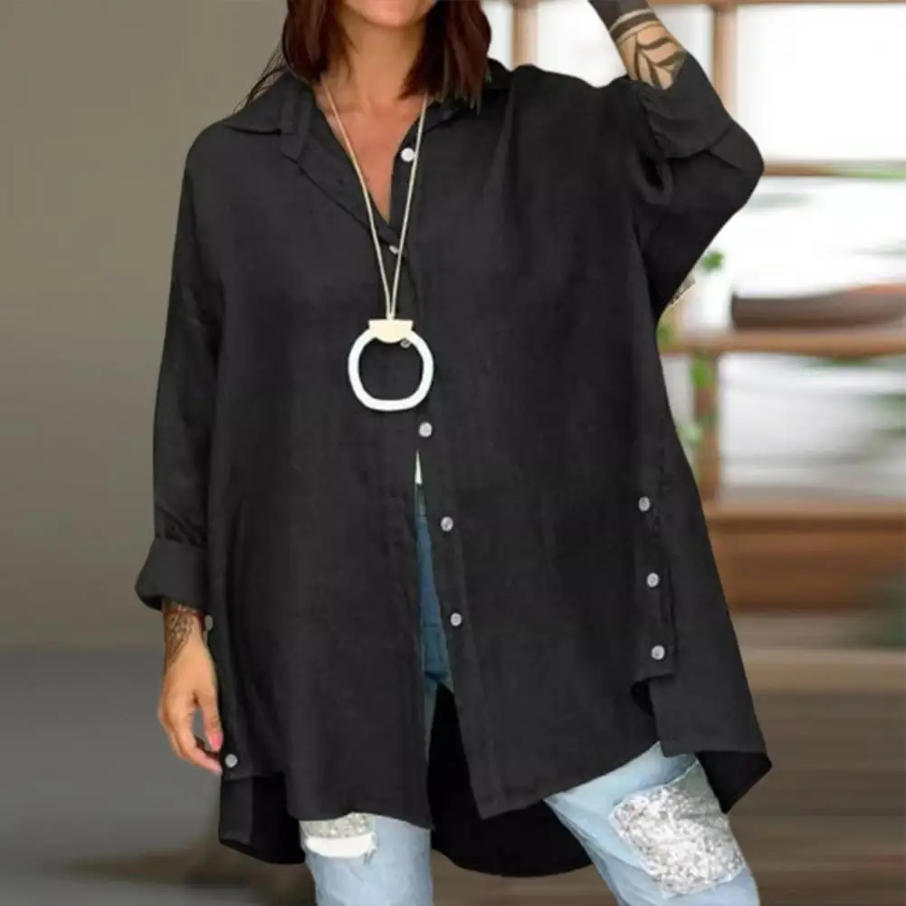 

Women Long-sleeve Shirt Stylish Women's Lapel Long Sleeve Shirt Solid Color Loose Fit Top for Summer Basic Commuting Style