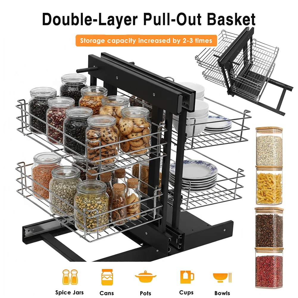 Kitchen Cabinet Organizer Large Capacity Stainless Steel Storage Shelf Slide Out Organizer for Bowls Dishes Seasoning Bottle