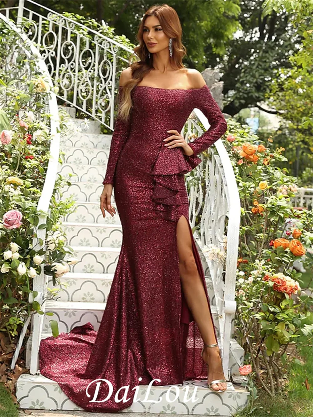 

Elegant Engagement Formal Evening Dress Off Shoulder Long Sleeve Court Train Polyester with Sequin Draping Slit