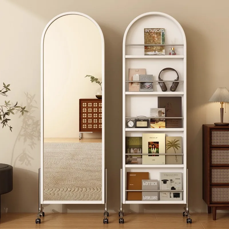 Medieval Style All Solid Wood Movable Full-body Mirror, Household Magazine Bookshelf Storage Integrated Floor Rotating Full- image 3