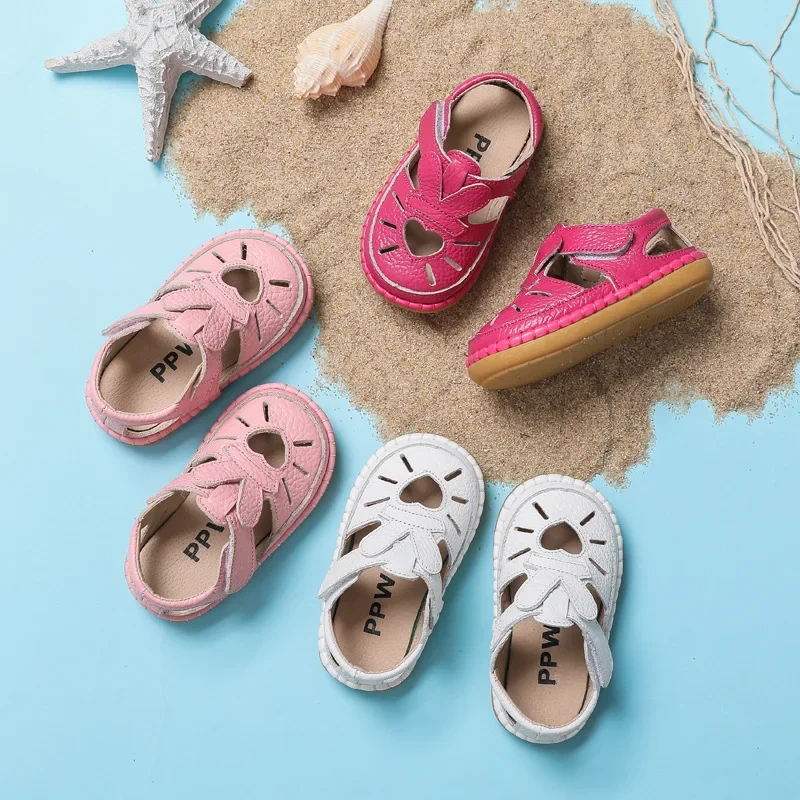 Summer Infant Sandals Baby Girls Anti-collision Toddler Shoes Love Soft Bottom Genuine Leather Kids Children Beach Sandals