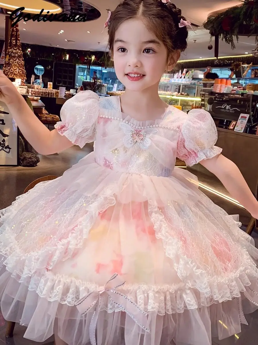 Girls Sweet Mesh Puff Sleeve Lolita Princess Dress New Summer 2026 Kids Heavy Luxury Pearls Butterfly Lace Ruffle Trim Tutu Gown
