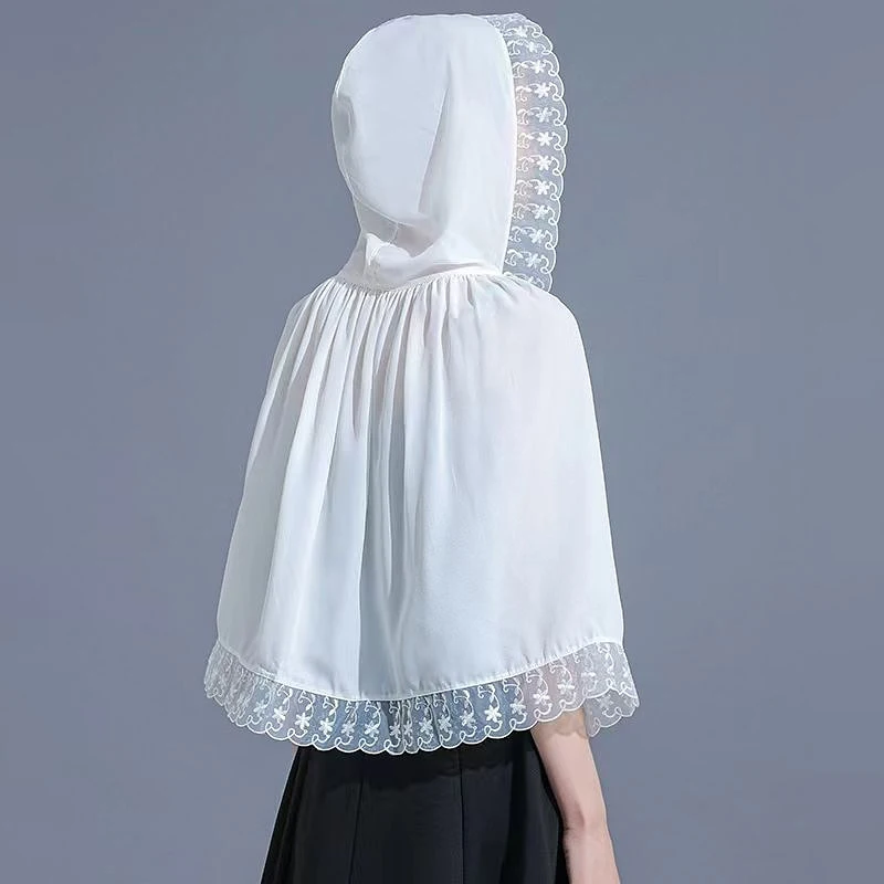 Summer Chiffon Cape With Hoodie Woman Lace Trim Sheer Shawl For Wedding Church Elegant Bridal Hooded Cloak Breathable Shawl