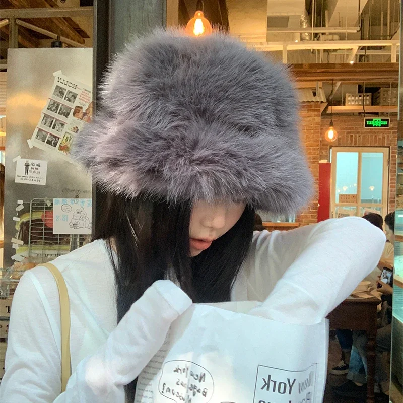 2023 y2k Fluffy Faux Fur Bucket Hat Women Rabbit Fur Warm Thick Plush Winter Hat Lady Luxury Fashion Furry Panama Fisherman Cap