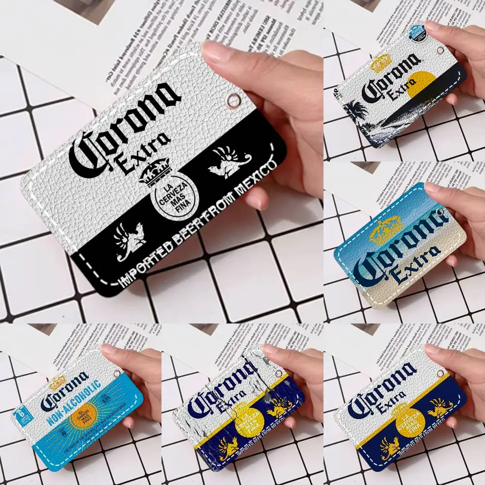 Porta Tarjetas de Cerveza C-Corona E-Extra, Aplicable a Tarjetas de Crédito y Tarjetas de Autobús, Funda Protectora Rectangular de Cuero Suave para Llavero