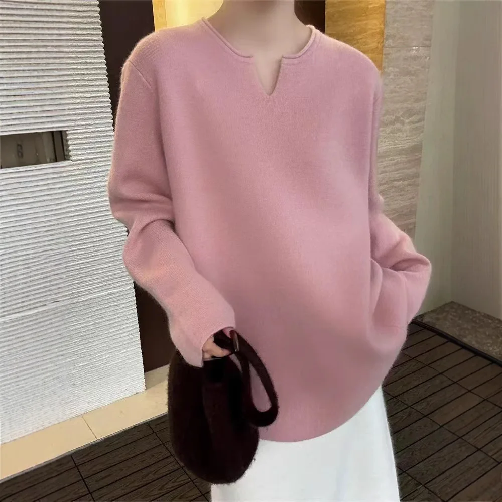 女性ニットプルオーバーセーター固体ジャンパー非対称 V ネック長袖わずかなストレッチルーズフィットカジュアル 2025 秋冬