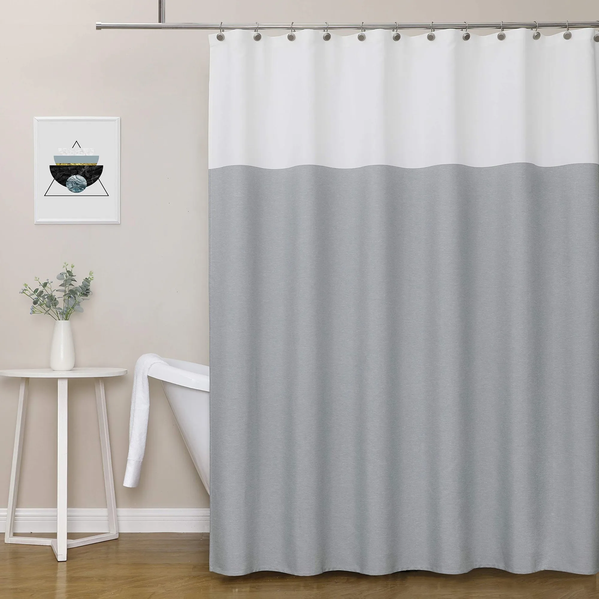 

Modern minimalist gray shower curtain with hooks, made of polyester, machine washable, suitable for bathroom decor.