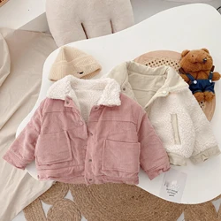 Thick Corduroy Children's Cotton Coat Autumn Winter Baby Girls' Thicked Lamb Wool Jacket Boys' Laple Single-breasted Warm Coats