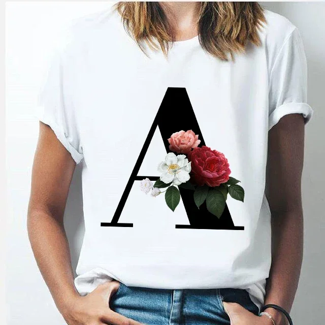 26 alphabet letter women T-shirt  A To Z Alphabet combination flowers Short Sleeve casual Korean Style Tops Summer