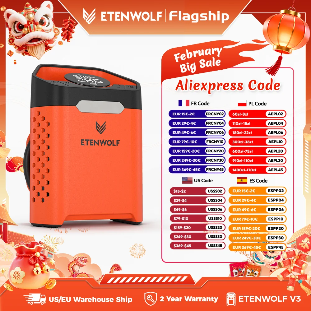 

ETENWOLF ZEPHYR V3 Портативный автомобильный компрессор 160 PSI 100% рабочий цикл Автомобильный насос для шин 7800 мАч Для автомобилей Мотоциклы Велосипедные шарики